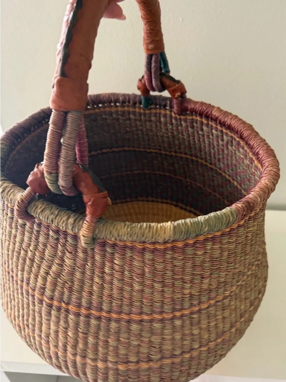 Handwoven Bolga Storage Basket in Brown and Green with Wrapped Handles